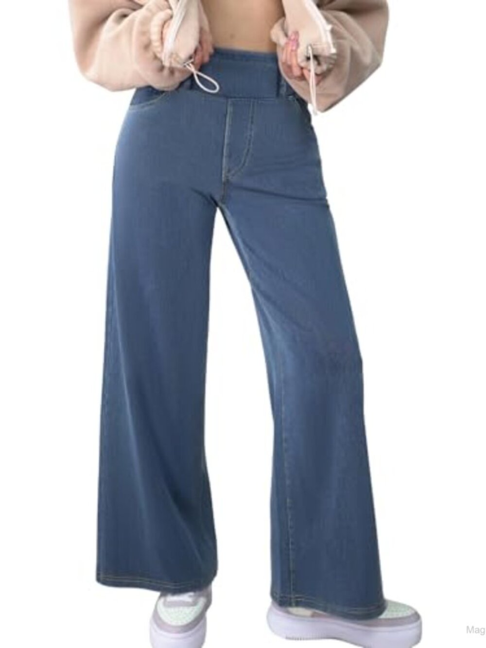 Wide Leg Jeans High Waisted Stretch Pull-on Baggy Denim Pants with Pockets